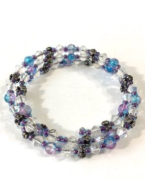Beaded Wrap Style Bracelet Silver Clear Blue Purple 3-Layer Memory Wire Coils